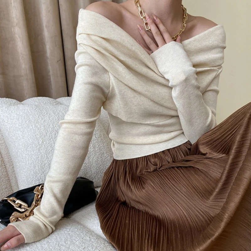 

Women Pullovers Sweaters Off Shoulder Full Sleeve Jumpers Y2k Streetwear Elegant Splice Knit Irregular Casual Autumn Winter 2025