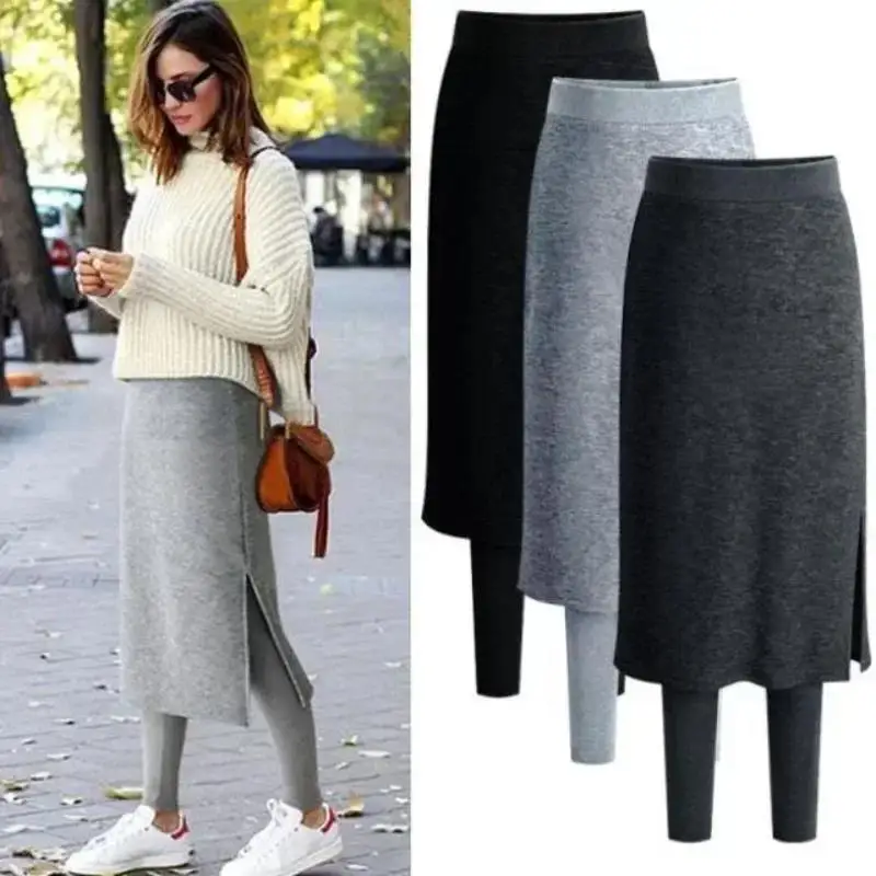 Mallas térmicas cálidas para mujer, pantalones de una pieza, pantalones de chándal de lana, ropa de talla grande, calentadores de piernas, falda de invierno