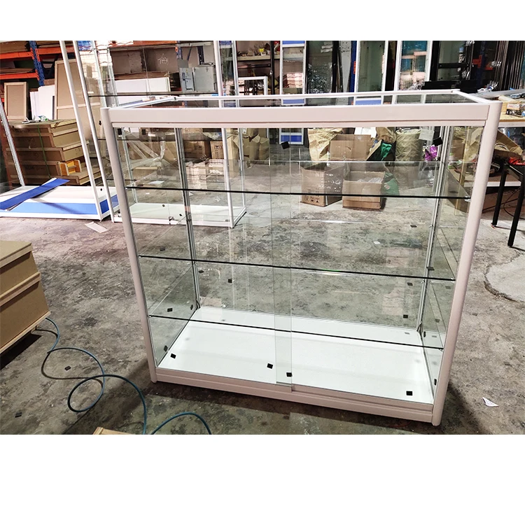 Custom.Guangzhou Old Factory Pure White Tempered Glass and Aluminum Frame All Sides Glass Cashier Counter Table with Lockable Do