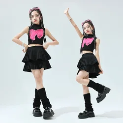 [5-17 Years Old] 2024 Girls Short Sleeve Crop Top Short Skirt Set Girls Modern Dance Jazz Dance Hip Hop Performance Costumes