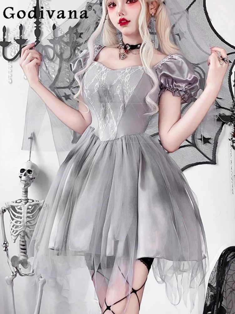 

Halloween Subculture Gothic Dark Lolita Short Dress Personality Girls High Waist A-line Short Sleeve Irregular V-Neck Dresses