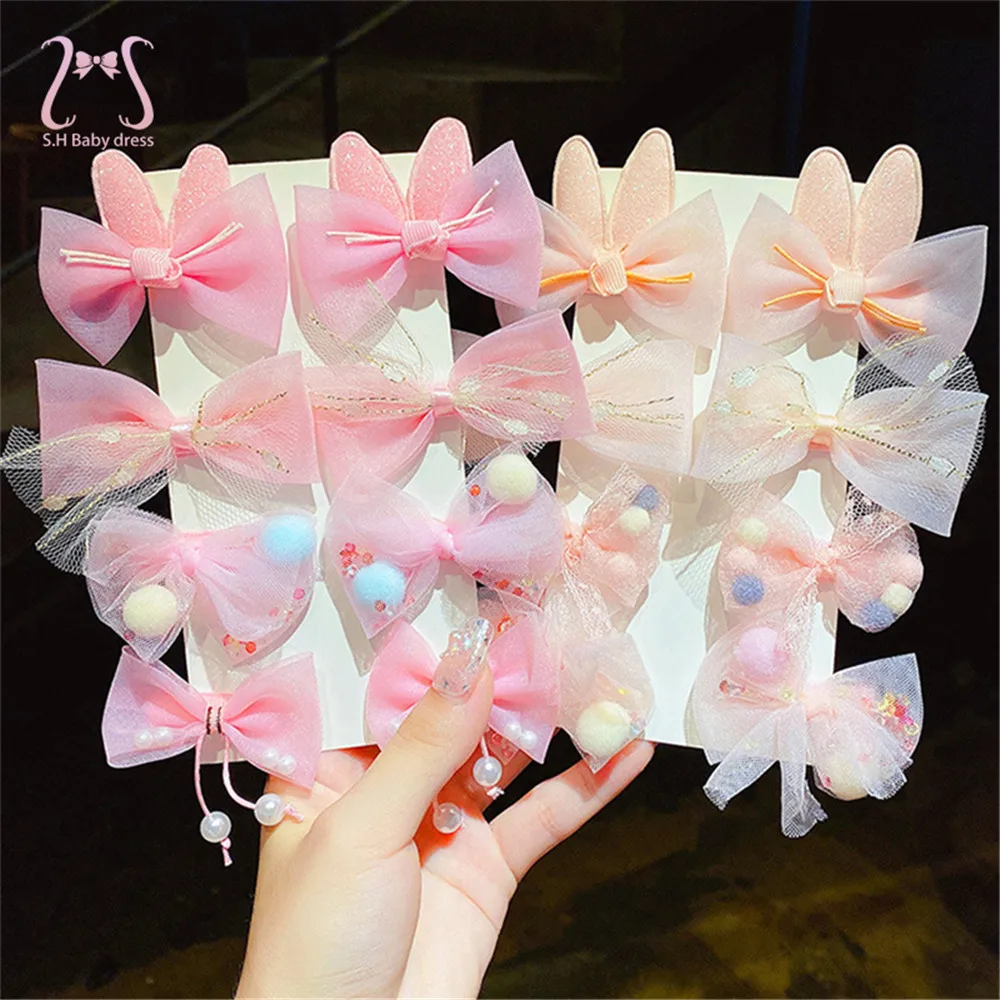 8pcs Baby Girl Hair Clips Korean Style Hair Accessories Set Mesh Bow Birthday Party Kids Hairpin Fashion Children Bobby Pins