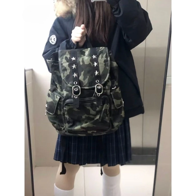 Retro Star Polka Dot Large Capacity Commuter Backpack Casual Shoulder Bag Bookbag Outdoor Functional Style Unisex Bag