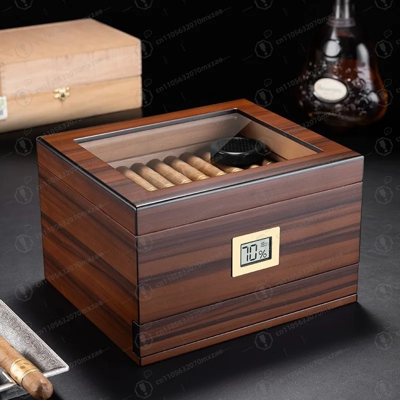 Cedar wood humidor with drawer design, high-perspective window, external thermometer, high-end cigar humidifier