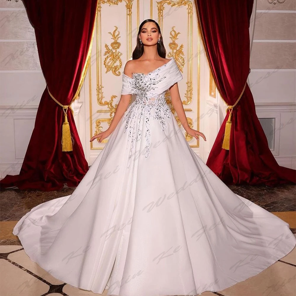 Romantic Wedding Dresses Long Illusion Luxury Off Shoulder Short Sleeves Fluffy Princess Style Mopping Bridal Gowns Customized