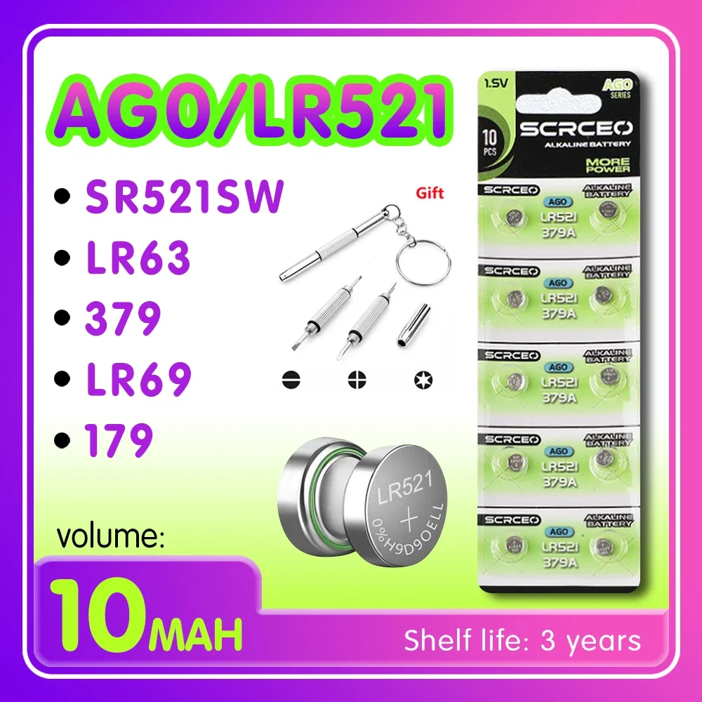 2-10PCS LR521 AG0 SR521SW 379A 379 D379 SR63 1.5V Lithium Manganese Dioxide Button Battery, Suitable for Calculators, Watches