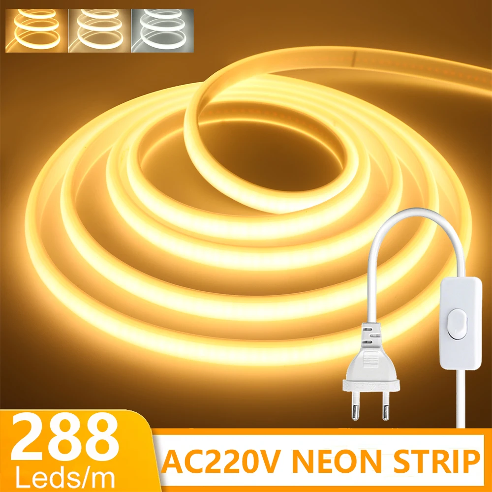 

220V COB LED Strip Light with Switch ON/OFF EU Plug 288LEDs/M Hight Bright Flexible Neon Tube Lamp Waterproof Warm/Natural White