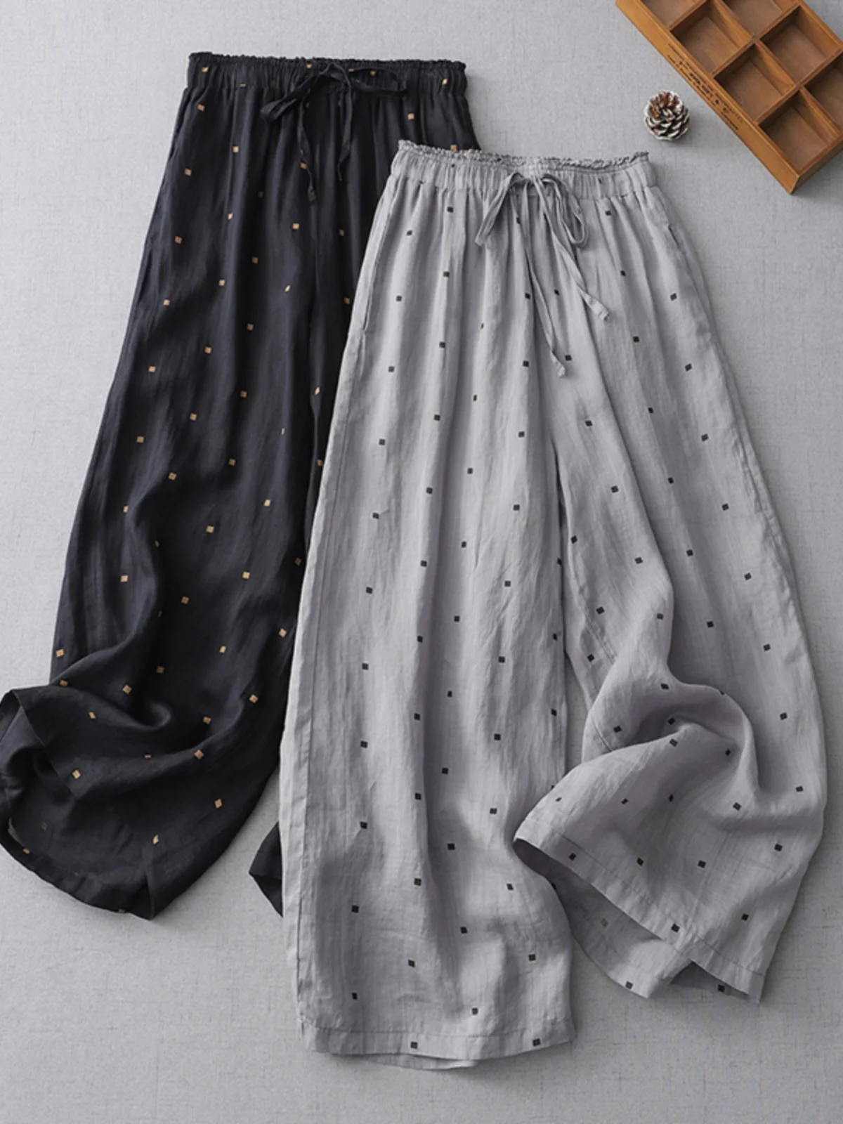 

Японские женские брюки высокого класса в большой горошек, летние тонкие эластичные талии, хлопковые и льняные свободные брюки с девятью точками