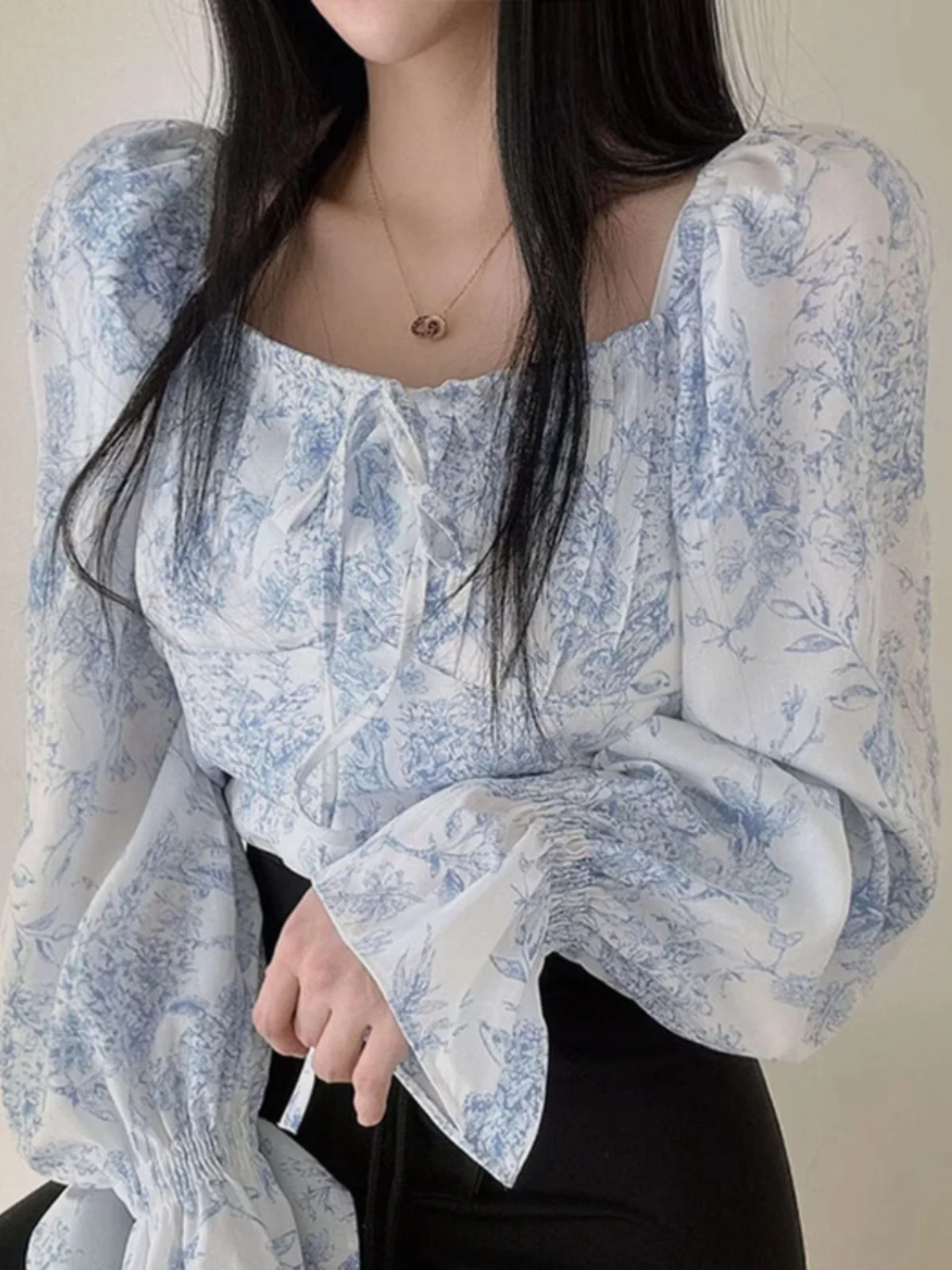 

Chic Fairy ort irt Ultra Fairy Sweet Tie Ne Flubble Sve Summer angpin Chiffon Blouse Commute Sle Long Sve