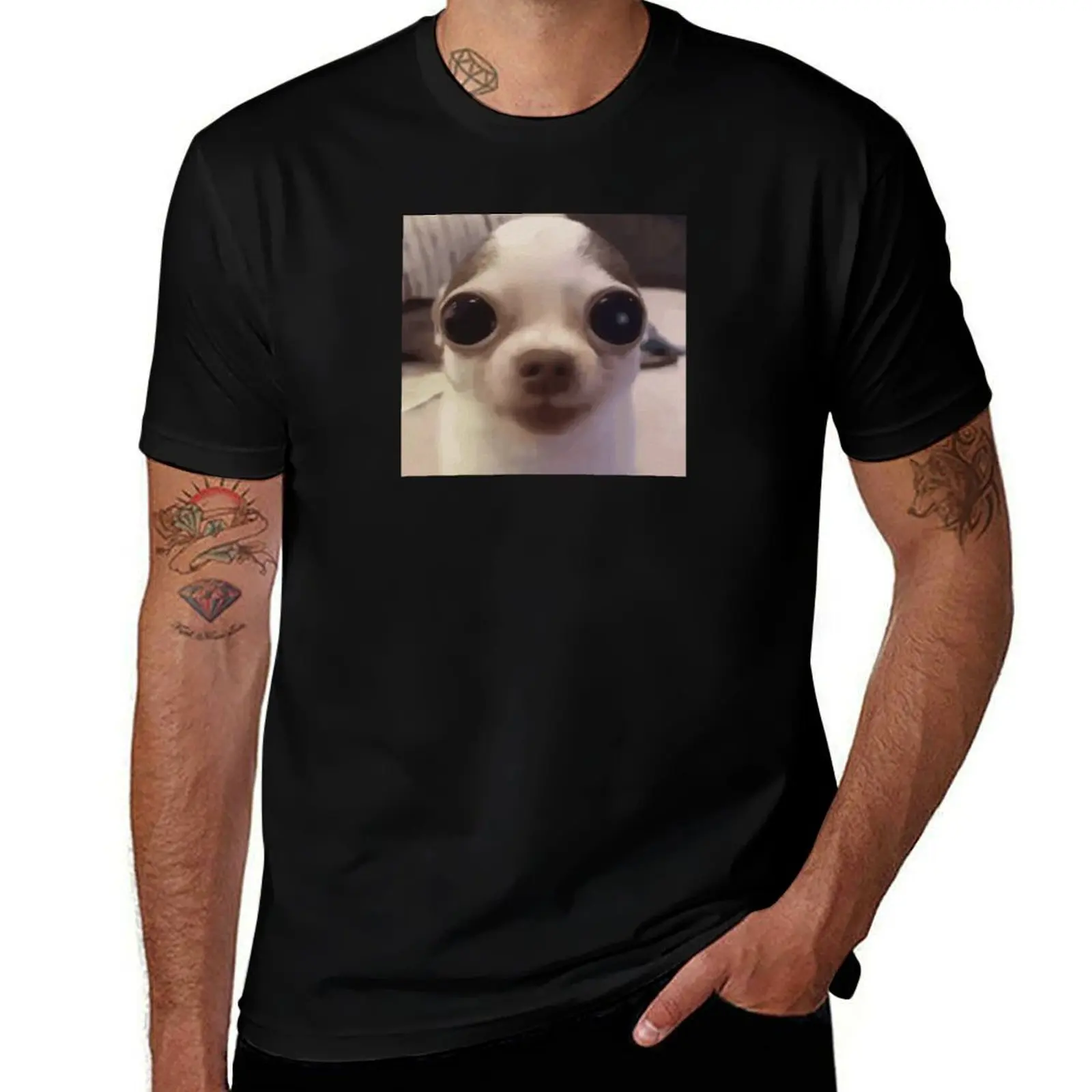 

Heavy Breathing Chihuahua meme / blank stare T-Shirt vintage blue lock Men's clothing