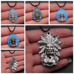 Vintage Tribal Indian Chief Head Pendant Necklace Black Leather Chain Necklace Punk Accessories Men's Necklace