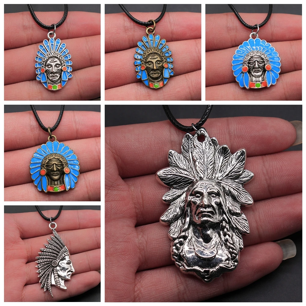 Vintage Tribal Indian Chief Head Pendant Necklace Black Leather Chain Necklace Punk Accessories Men's Necklace