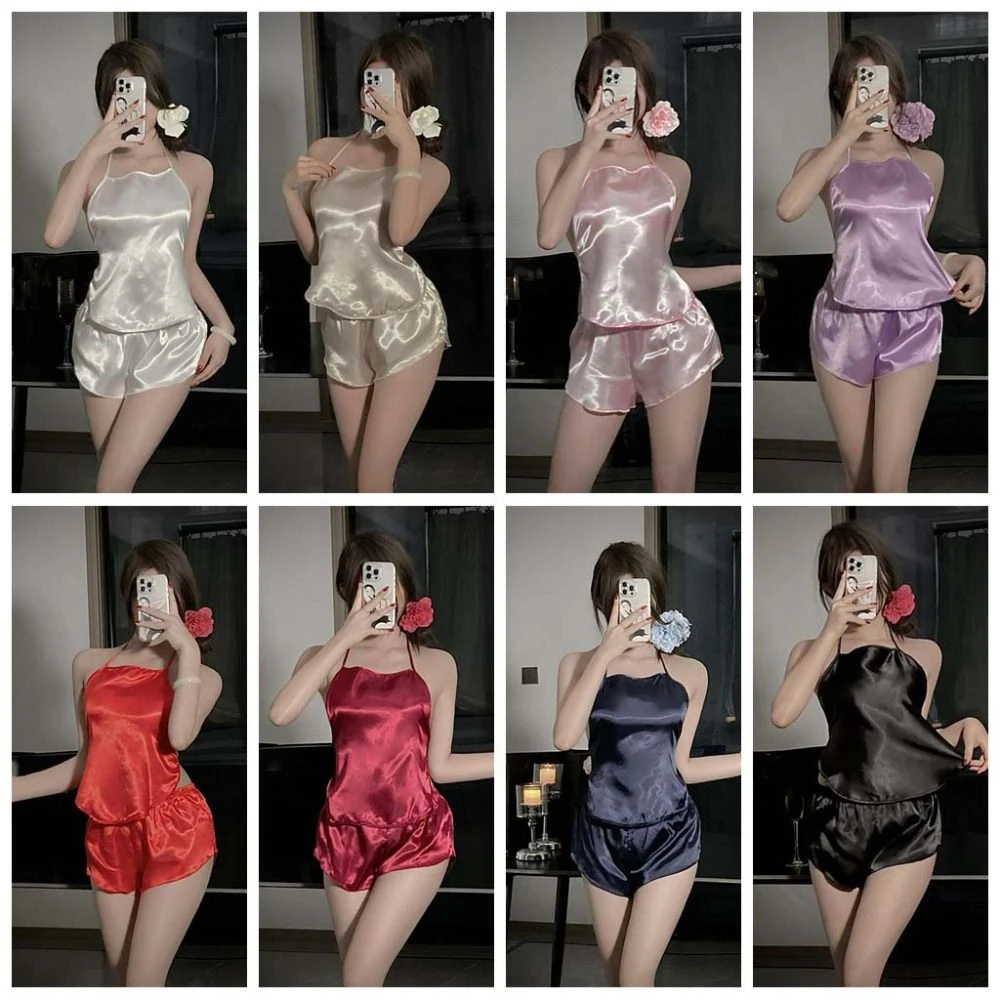 

Fashion Lace-up Ice Silk Pajamas Set Homewear Summer Sleeveless Pajamas Womens Sleepwear Thin Camisole Shorts Nightwear Girls