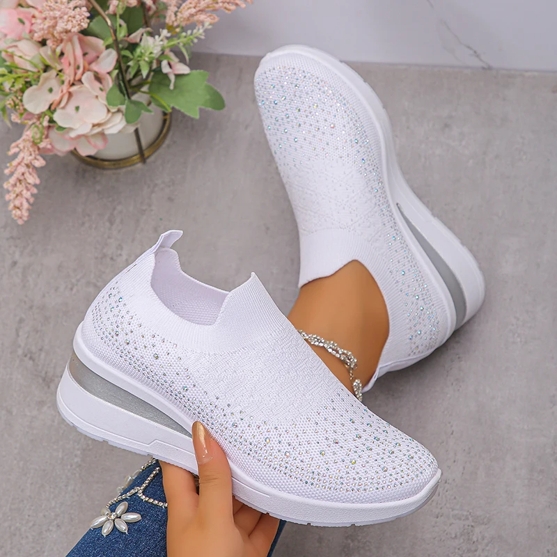 

Rhinestone Decor Wedge Sneakers for Women Breathable Knitted Non Slip Running Shoes Woman Comfortable Slip On White Sports Shoes