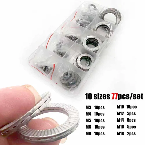 Imagen 1 del producto Juego de arandelas autoblocantes de doble cubierta, Kit surtido de juntas sueltas a prueba de golpes, de acero inoxidable DIN25201, M3 a M18 304, 77 unids/set