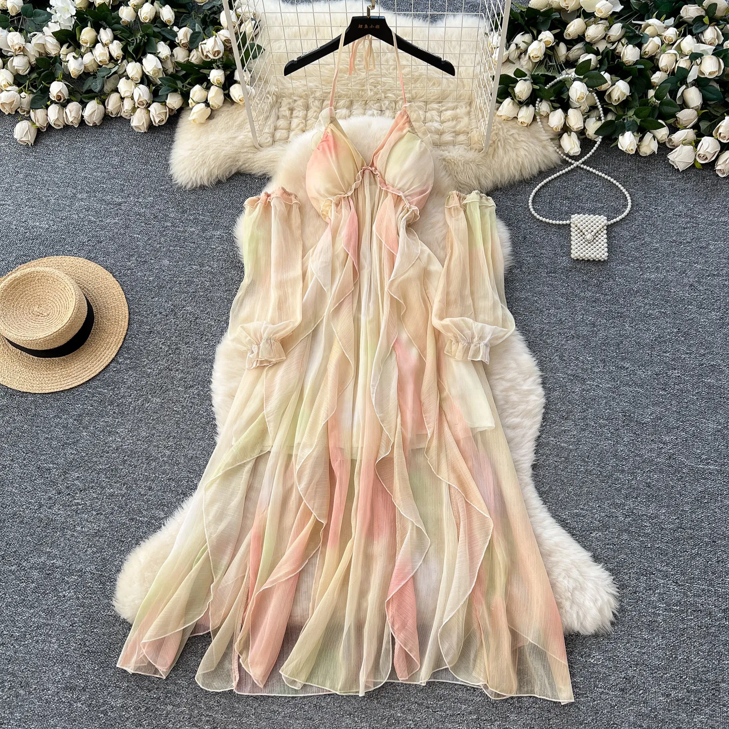 Elegant Ruched Slip Dress Women Casual  Summer High Waist Slim Fit Beach Vacation Dress with Arm Sleeves