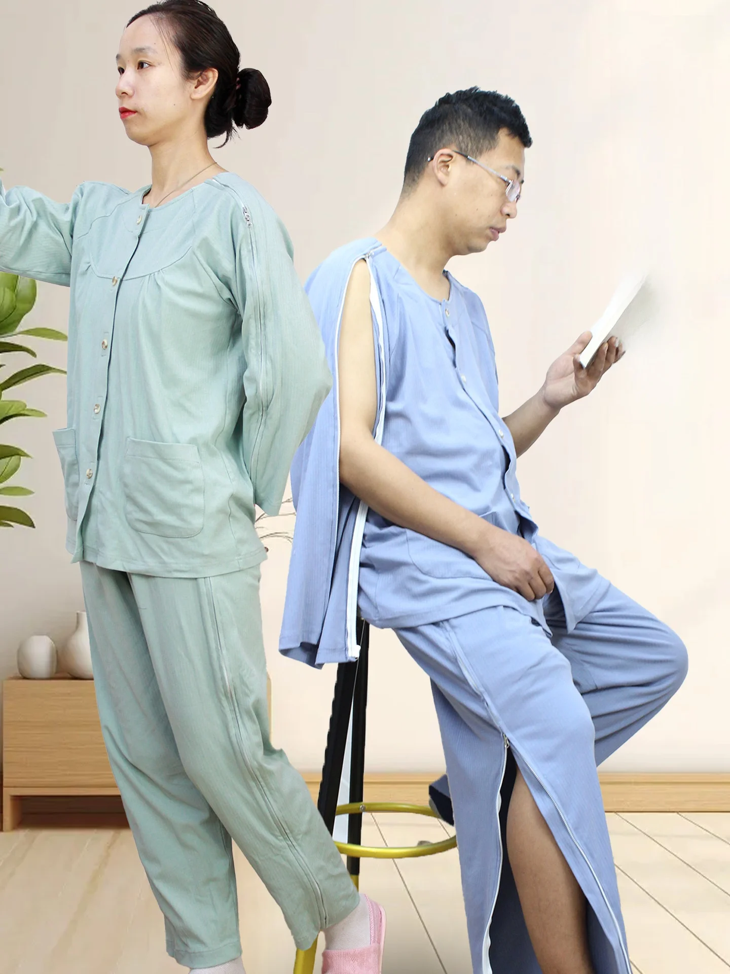 男女兼用純綿介護用ガウン、寝たきり、術後、picc、透析に最適、着脱簡単、ホームウェア