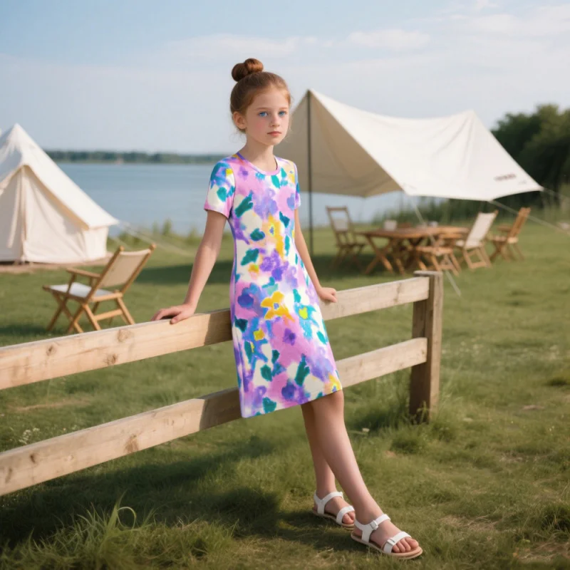 فستان بناتي بأكمام قصيرة ملون لعام 2025 - ملابس أطفال كاجوال للعطلات الصيفية والتخييم
