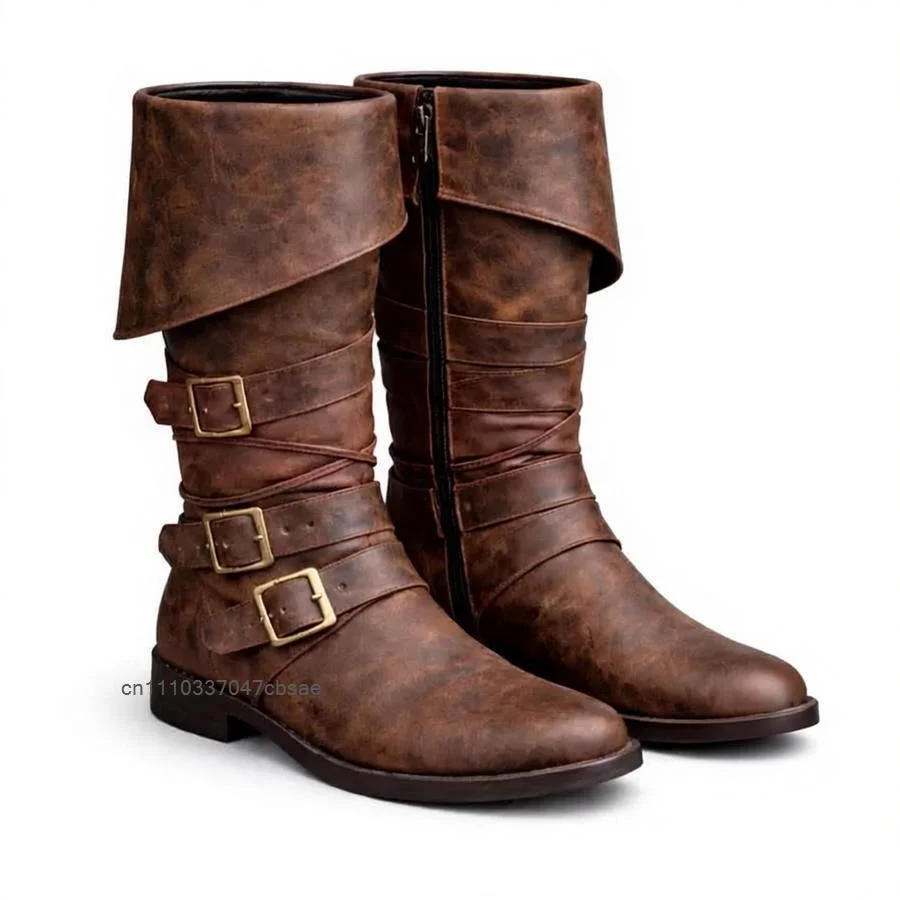 Men Distressed Fold Over Cuff Pirate Mid Calf Boots Medieval Renaissance Captain Cosplay Boots Party Costume Shoes Footwear 2026 5