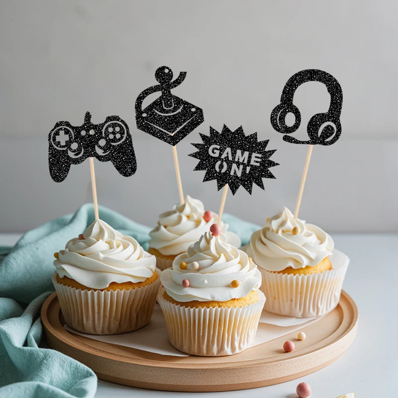 YOMDID 24 Stück Kuchendeckel mit Spielthema, glitzernde Spielkonsolen-Silhouette, Cupcake-Topper, Spielspieler, Geburtstagskuchen-Dekorationen