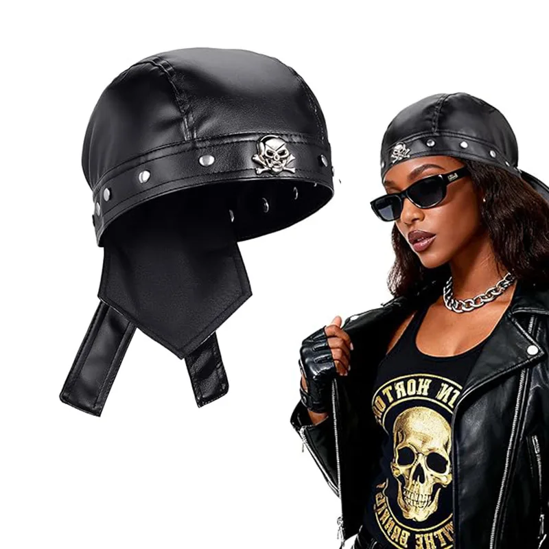 Leather Black Headscarf Hat, Punk Pirate Hat, Dance Party, Bar, Music Festival, Motorcycle Party Hat, Toe Cap, Cycling Hat