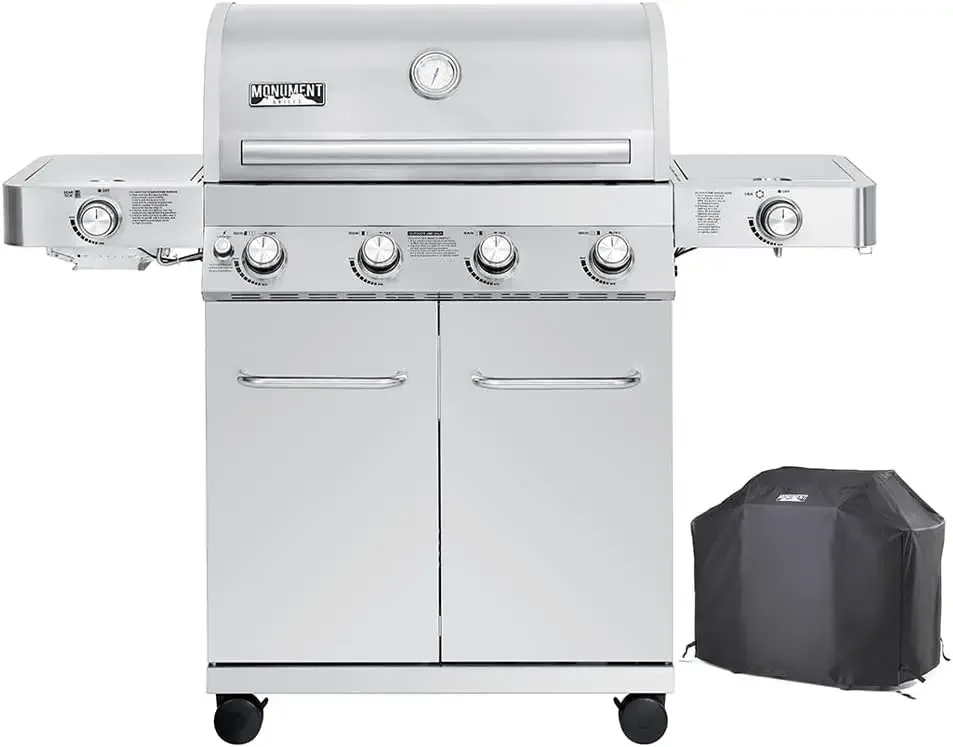 Monument Grills Larger 4-Burner Propane Gas Grills Enclosed Cabinet Stainless Steel with BBQ Cover(2 Items)