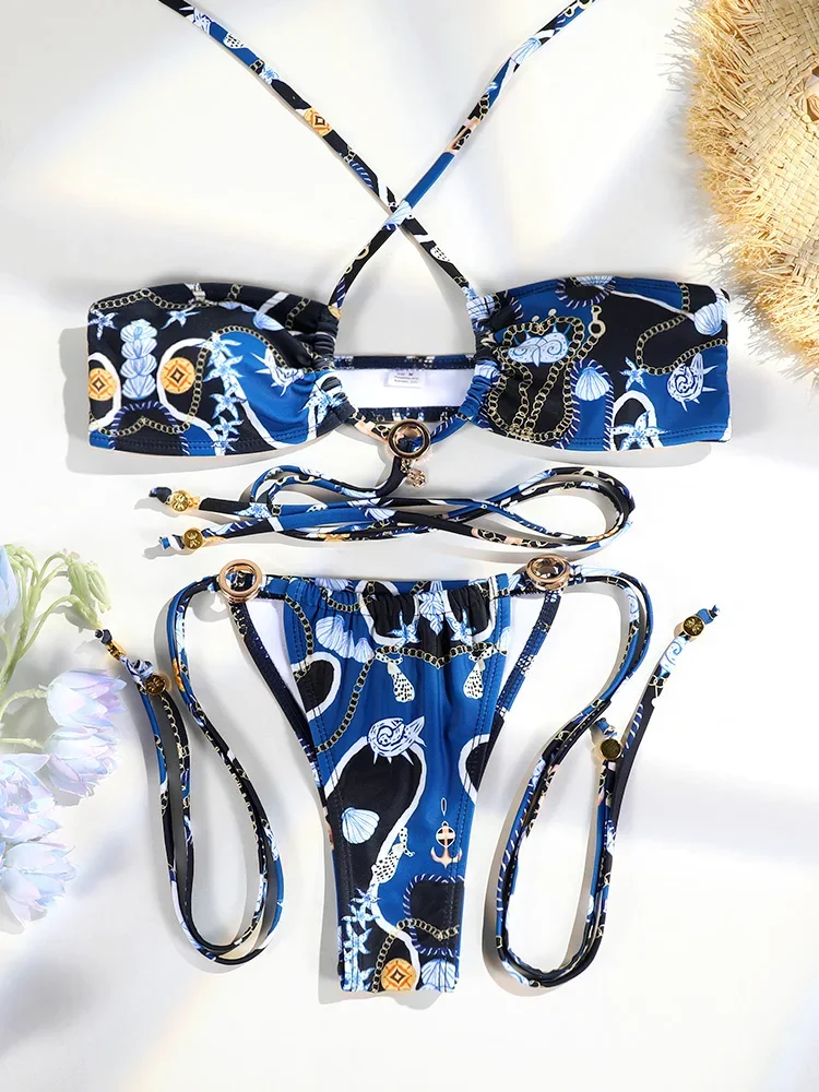 

Женский купальник 2025, бандажные треугольные бикини, стринги, бразильские купальники, бикини, пляжная одежда, купальный костюм с принтом, сексуальные комплекты бикини
