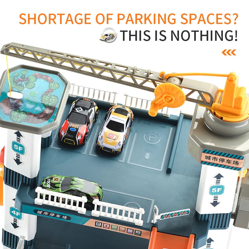 HAND-Cranked TRACK ที่จอดรถอาคารมือยกห้าชั้นที่จอดรถของเล่น 3Pcs รถมินิสไลด์รางรถของเล่นเด็กของขวัญ