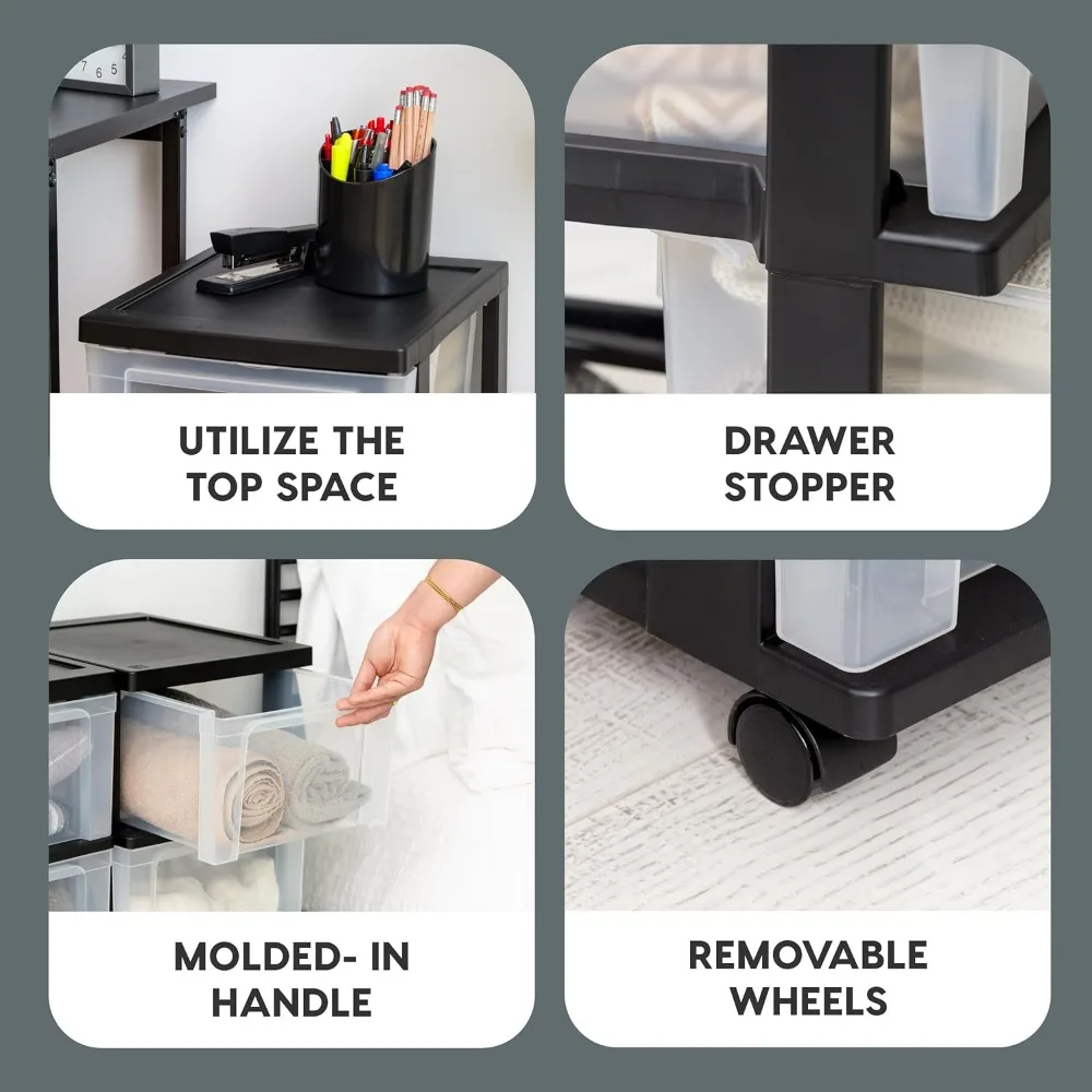 عربة تخزين دوارة ذات 3 أدراج مع عجلات، منظم ضيق نحيف لمكتب نوم الحمام في الفصل الدراسي، عبوتان أسود/شفاف