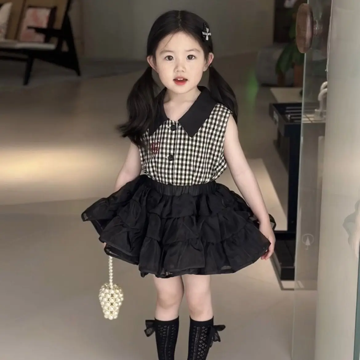 Girls' Summer Suit 2025 New Korean Children's Plaid Sleeveless Shirt Women's Treasure Foreign Style Tutu Skirt Two-piece Set