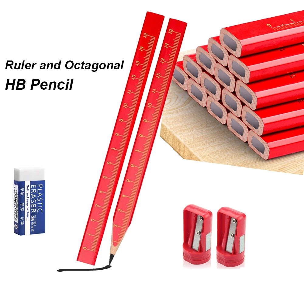 12Pcs/Set Professional Grade Woodworking HB Pencil Black HB Lead Flat Octagonal Anti Slip Pencil with Millimeter Scale Drawing