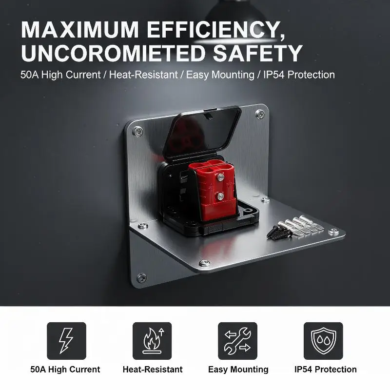 50A 600V Twin Plug Connector Set Heat Resistant Dual Flush Mount Bracket for Electric Vehicles