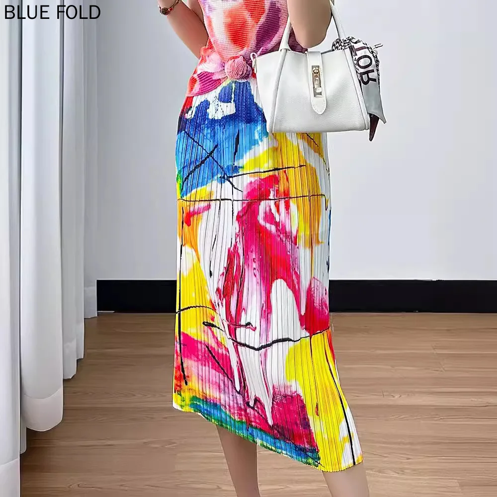 Miyake Summer New Color Graffiti Design Print Pleated Leisure Vacation Design Midi Skirt Elastic Waist Faldas Ropa De Mujer