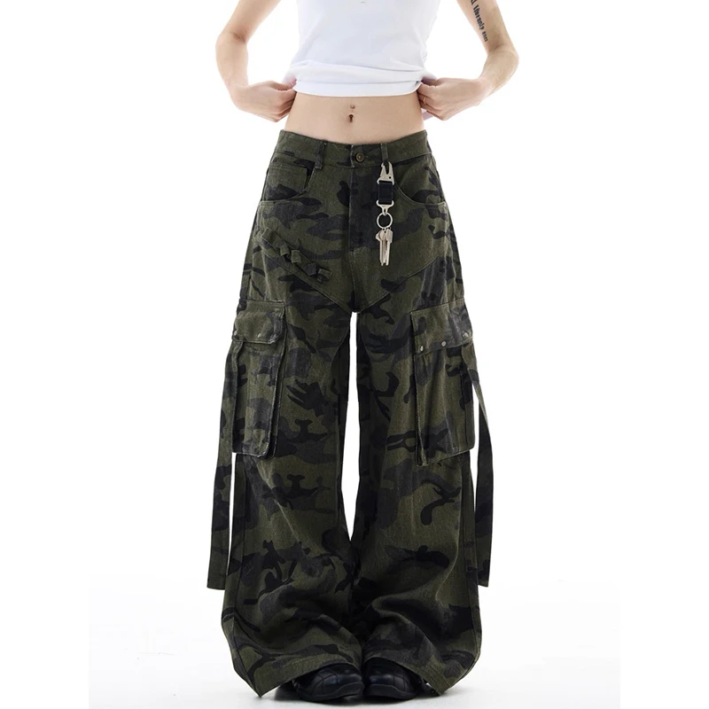 

YIBASHU Women American Vintage Baggy Camouflage Jean Japanese Abi Y2K Streetwear Harajuku Wide Leg Denim Pants Grunge Cyber Punk