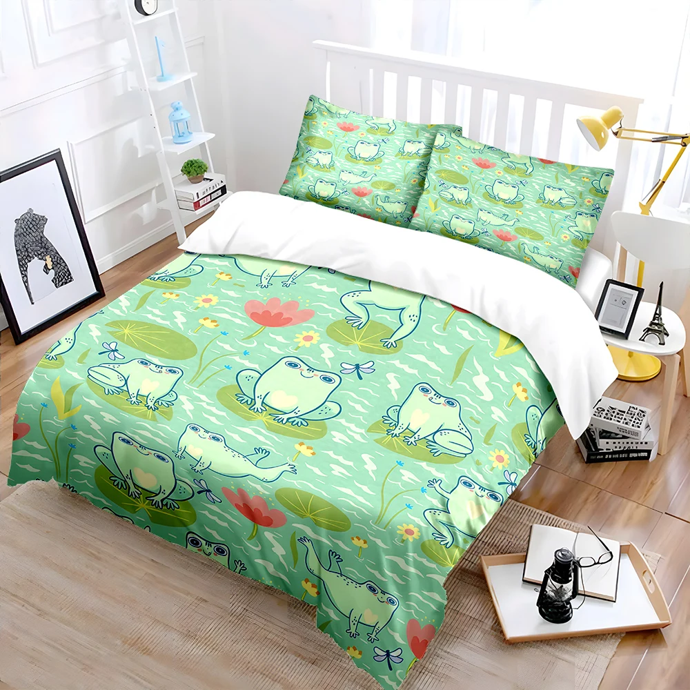 Cartoon frogs on lily pads and flowers Print Bedding Set 1 Duvet Cover 2 Pillowcases for Adult Children Luxury Gift Full Size