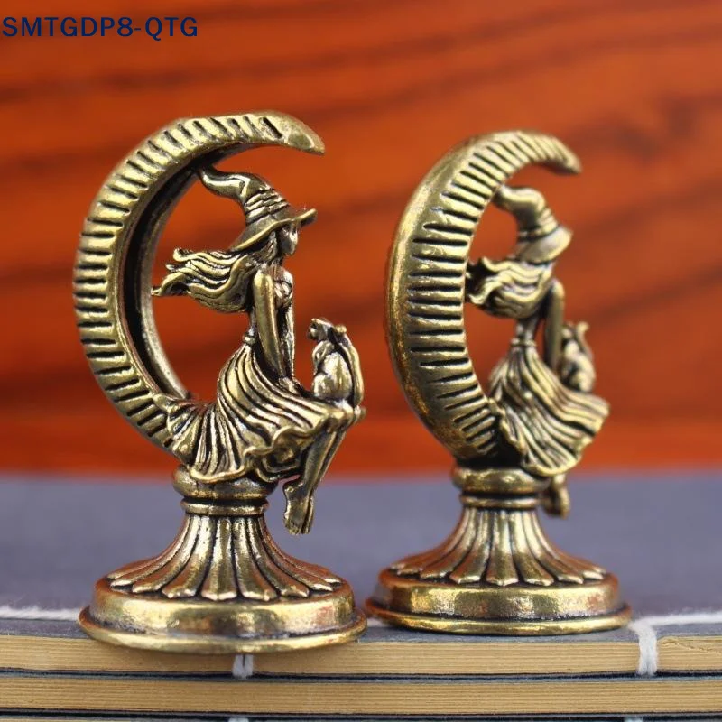 Hot Brass Crescent Moon Witch Cat Statue Retro Gothic Mini Figurine Decor Ornament For Desktop Bedroom Mystical