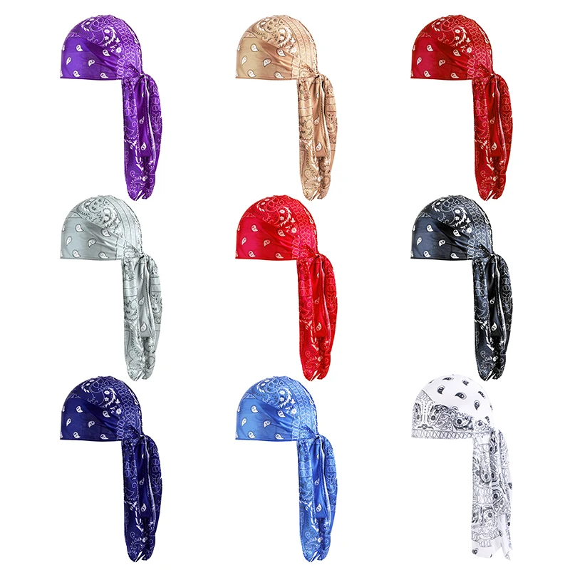 Amoeba Print Seidige Durag Bandanas Lange Schwanz Piraten Turban Kappe Cashew Blume Durag Turban Outdoor Radfahren Reiten Straße Hut Hijab – Detail 4