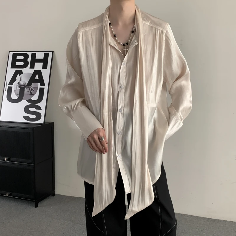 

Quali Design Ice Silk Fabric Folded Hem Belted irt Youth Trendy Sle Stand Fit Long Sve Pure Color Spring ex