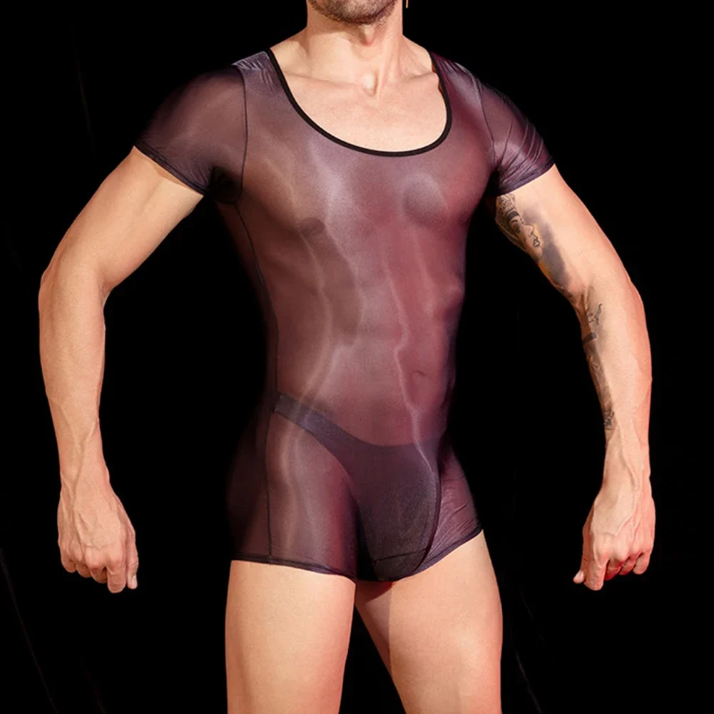 Sexy Men Ultra Thin See Through Bodysuit Short Sleeve Shorts Leotard Tight Elastic Jumpsuit Temptation Lingerie Erotic Underwear