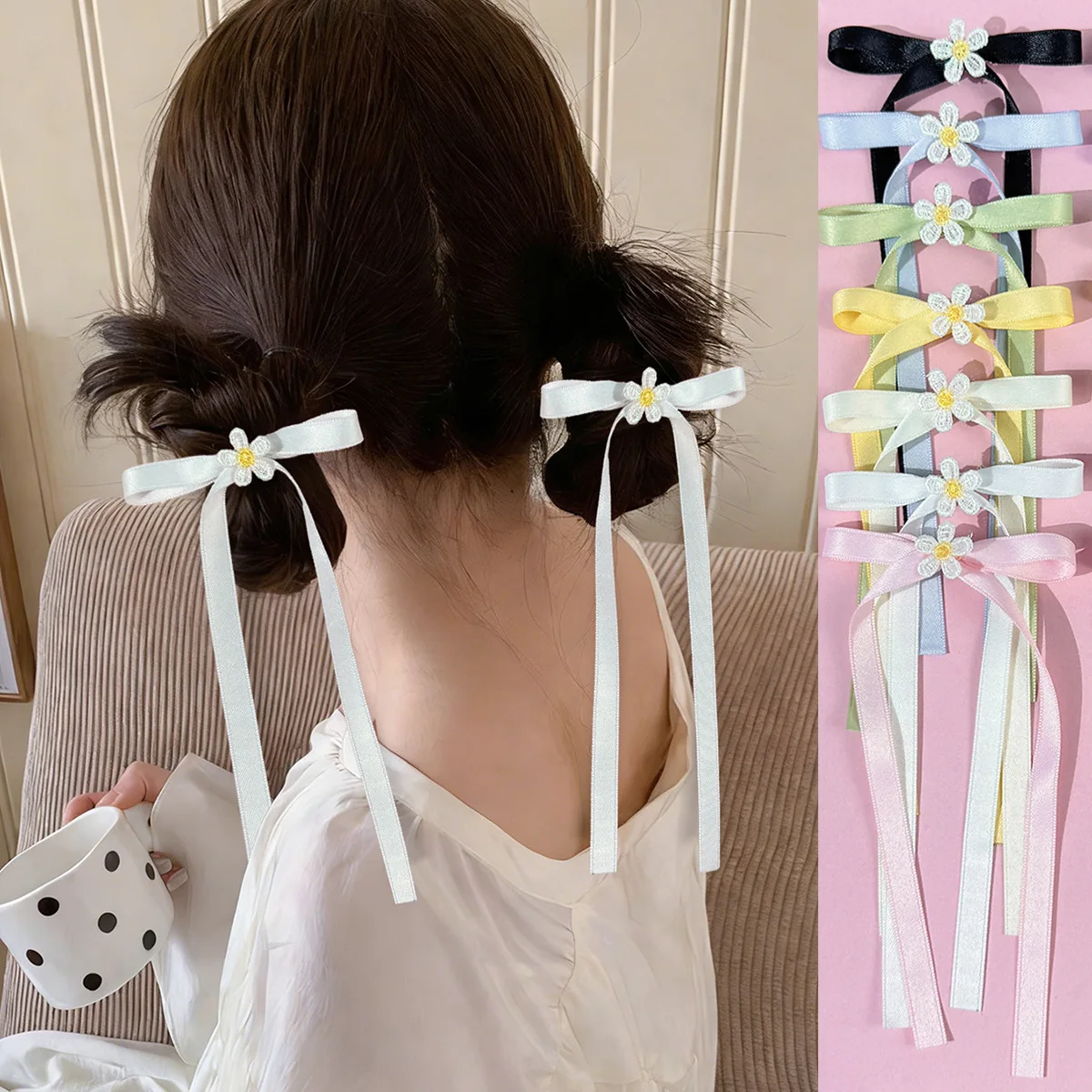72pc Daisy Floral Long Tassel Bow Hair Clips for Girls And Women Bulk Pack Ribbon Bow Side Barrettes Hair Accessories