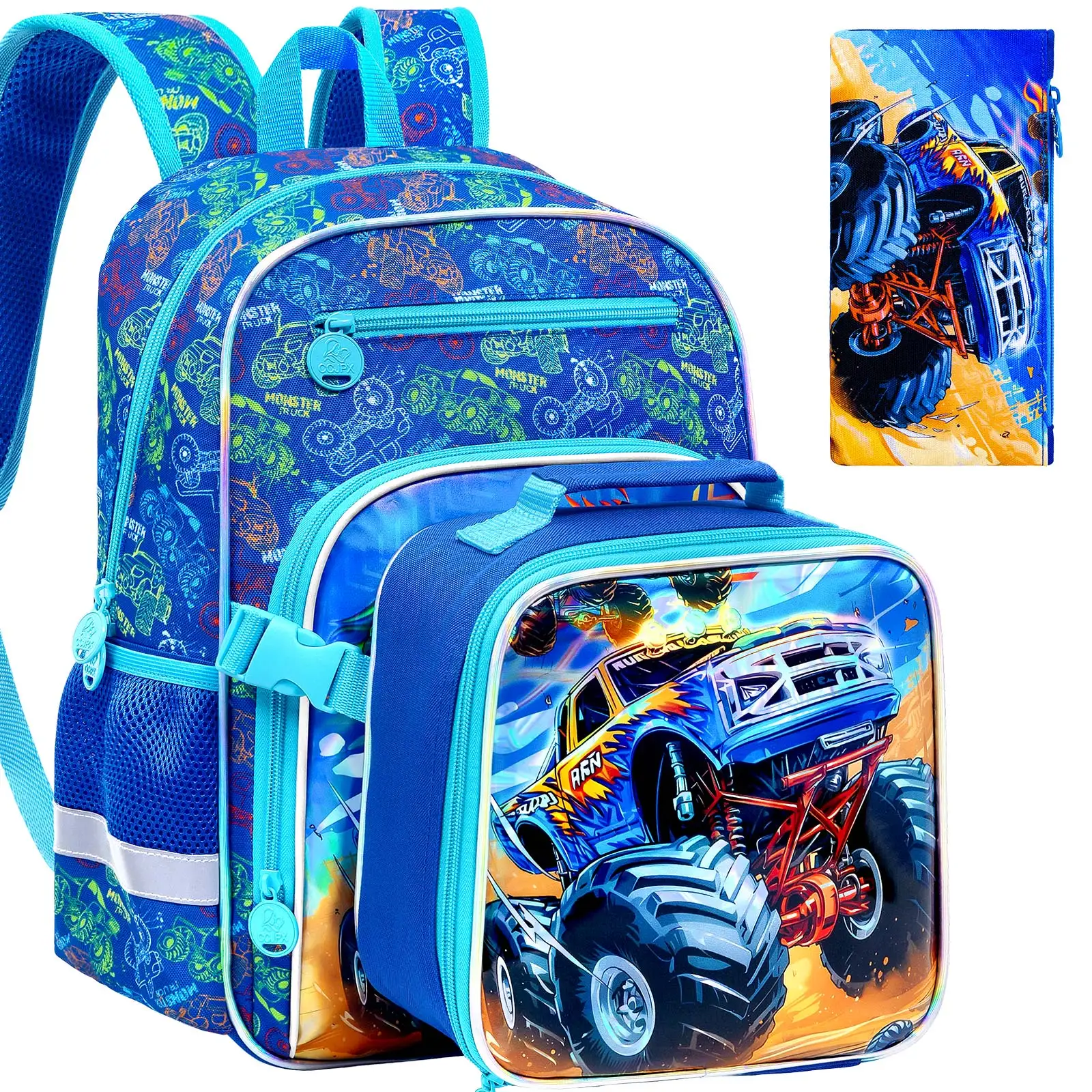 

Bookbag for Kids Boys, 3PCS Backpack Set with Clip-On Lunch Box, Truck School Bag for Elementary Preschool Toddler