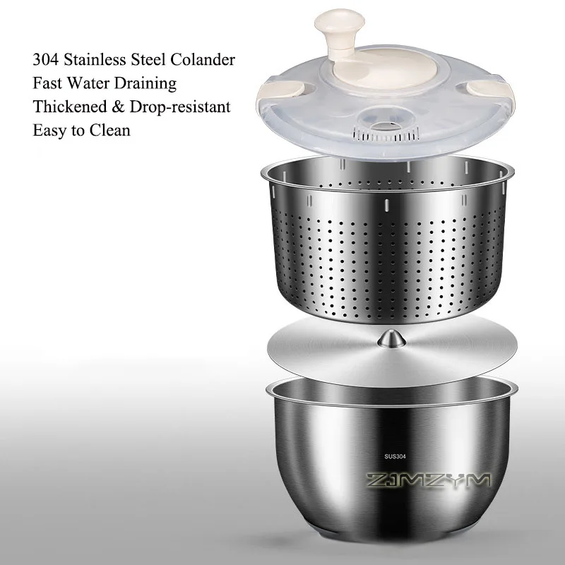 304 Stainless Steel Vegetable Spinner Hand Crank Salad Spinner with Drain Basket Multi Functional Kitchen Colander for Washing