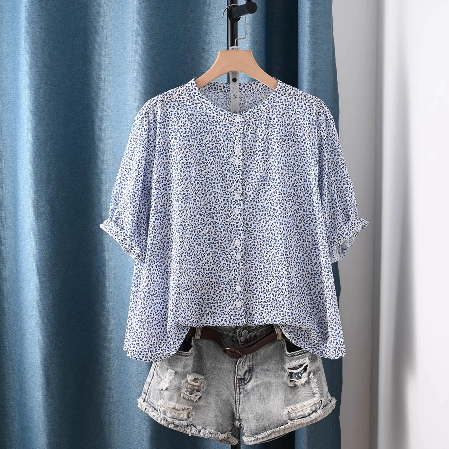 

100% Cotton woman shirt Japan fashion blue white print short sleeve tops tunic peasant shirt summer large sizes women's clothing