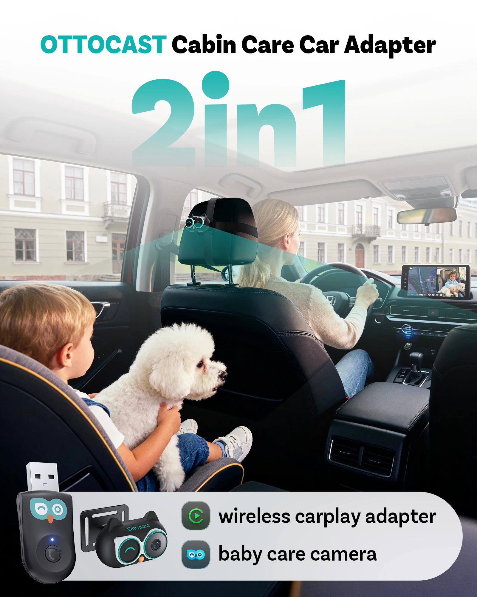 

Беспроводной адаптер Ottocast Cabin Care CarPlay с детской автомобильной камерой 150 ° Широкоугольная камера ночного видения для автомобилей с проводным CarPlay