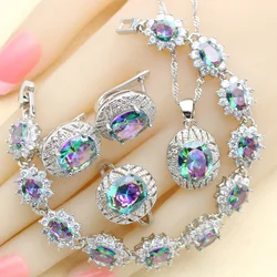 Amazing Rainbow Zirconia 925 Silver Jewelry Sets for Women Wedding Clip Earrings Bracelet Rings Necklace Pendant Best Party Gift