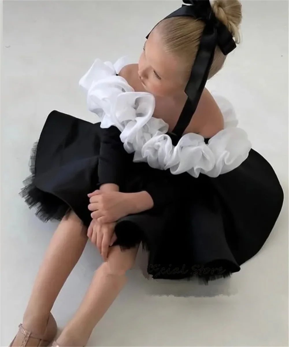 Vestidos elegantes de terciopelo negro para niña, vestido de fiesta de boda con flores en 3D y hombros descubiertos, vestido corto de cumpleaños personalizado