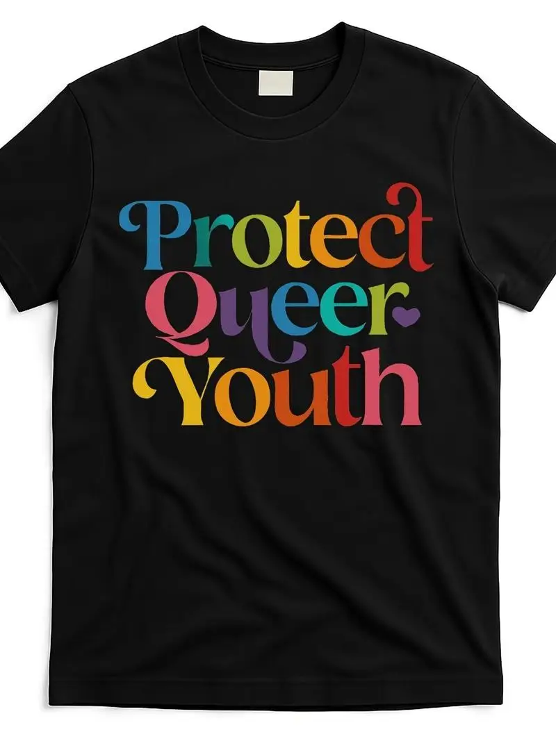 Men's Lgbtq+ Pride Graphic T-Shirt, Protect Queer Youth Slogan, Black Retro Tee With Multicolor Lettering For Gay Rights Top