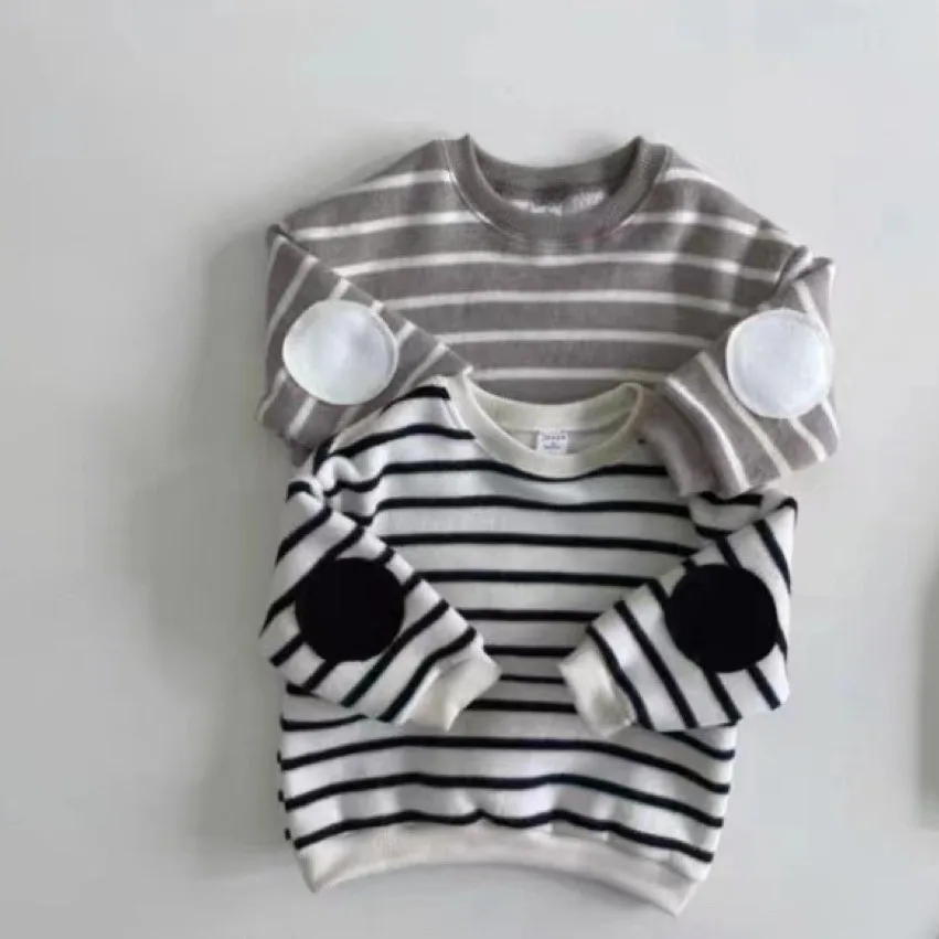 

2025 Winter New Baby Long Sleeve Fleece Sweatshirt Cotton Girls Striped Pullover Plus Velvet Thick Toddler Boys Warm Sweatshirts