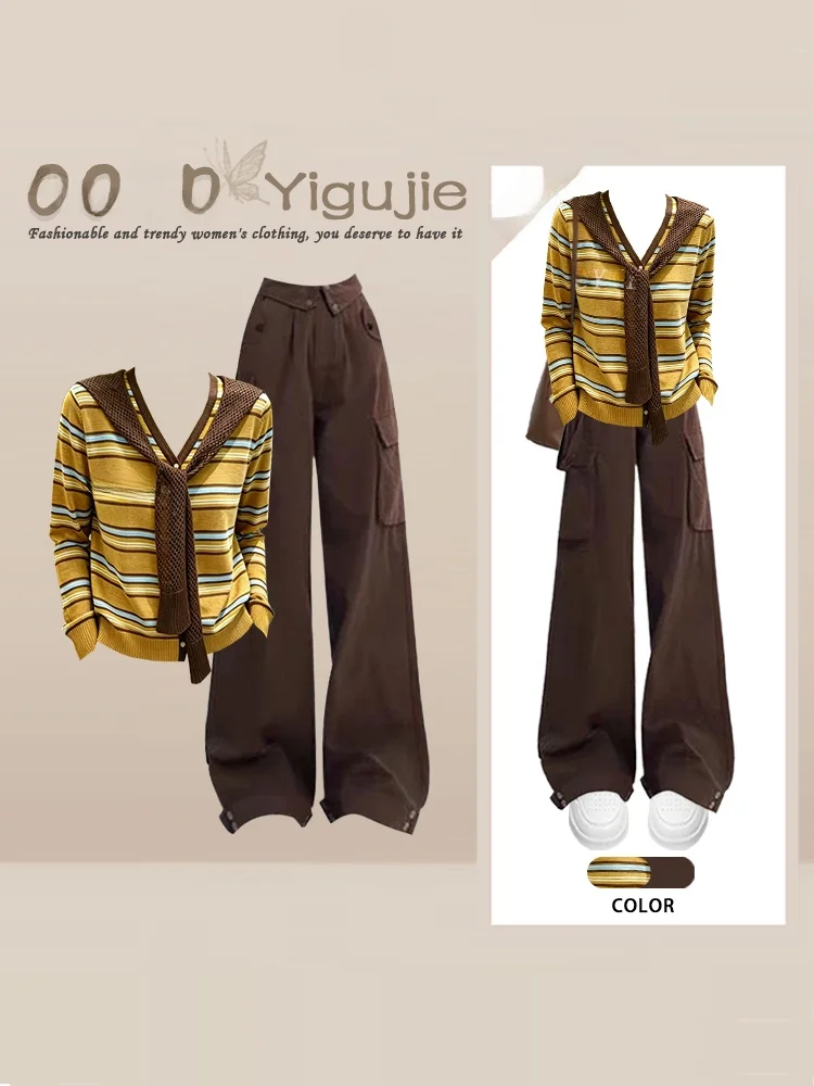 Retro Mermaid Tail Wrap Long Sleeve Knitted Top And Wide Leg Pants Two Piece Set Autumn Workwear Coffee Color Women's Fashion