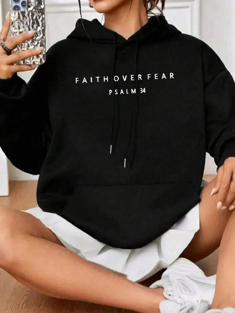 Fashion Womans Hoodies Faith Over Fear Psalm 34 Printing Sweatshirts Pocket Fleece Soft Warm Pullover Autumn Female Clothing